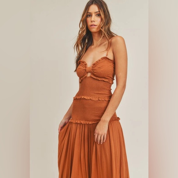 MABLE Strapless Smocked Knot Front Side Slit Maxi Dress - Picture 2 of 10